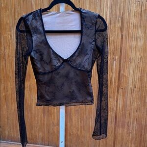 Chic Black Sheer Lace Long Sleeve Blouse with Floral and Butterfly Pattern